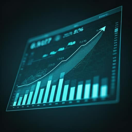 Dashboard financiero de alto rendimiento con métricas y overlay digital en tono teal