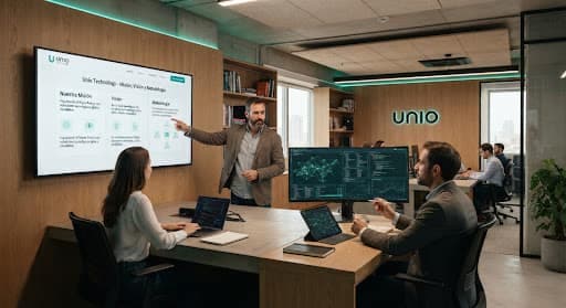 Estudio de ingeniería de software con equipo colaborando frente a diagramas de arquitectura